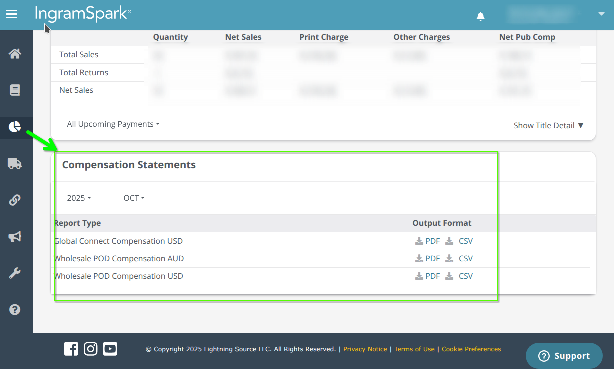 IngramSpark Compensation Statements section showing report download options for PDF and CSV formats