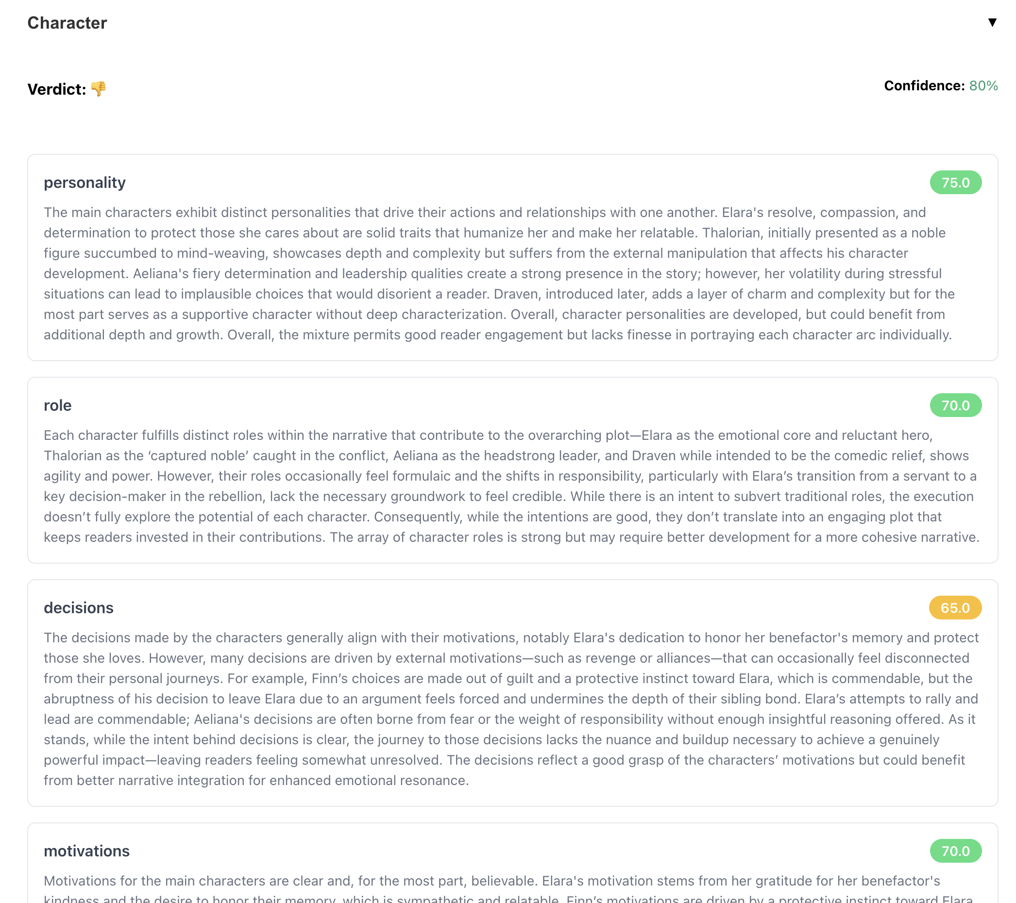 Character evaluation analysis showing relationship mapping and development arcs